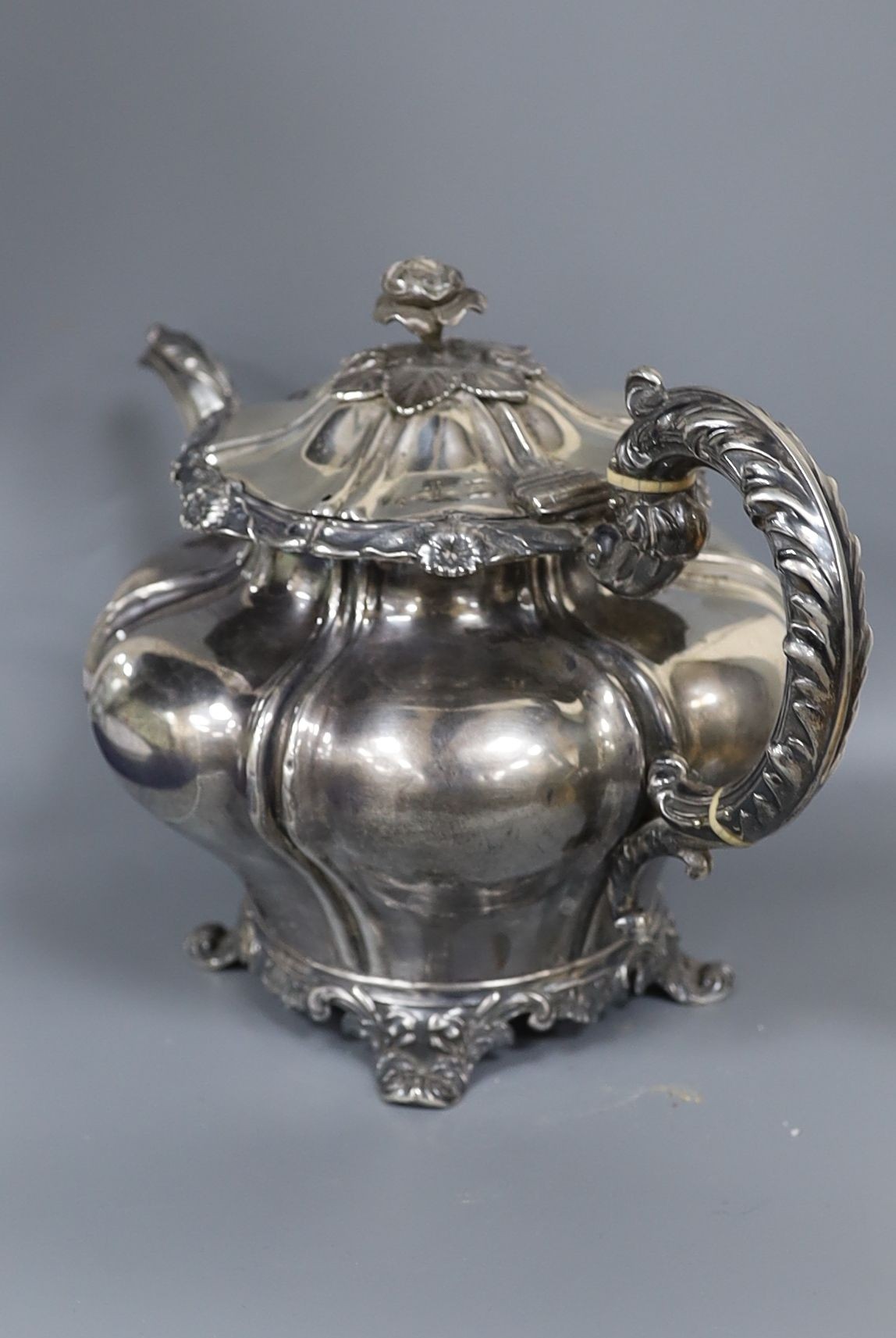 An early Victorina provincial silver pear shaped teapot, John Walton?, Newcastle, 1838, gross 25.5oz